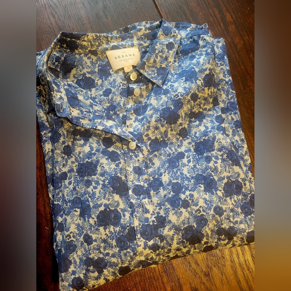 Sezane Blue Floral Pierro Blouse Fr 34